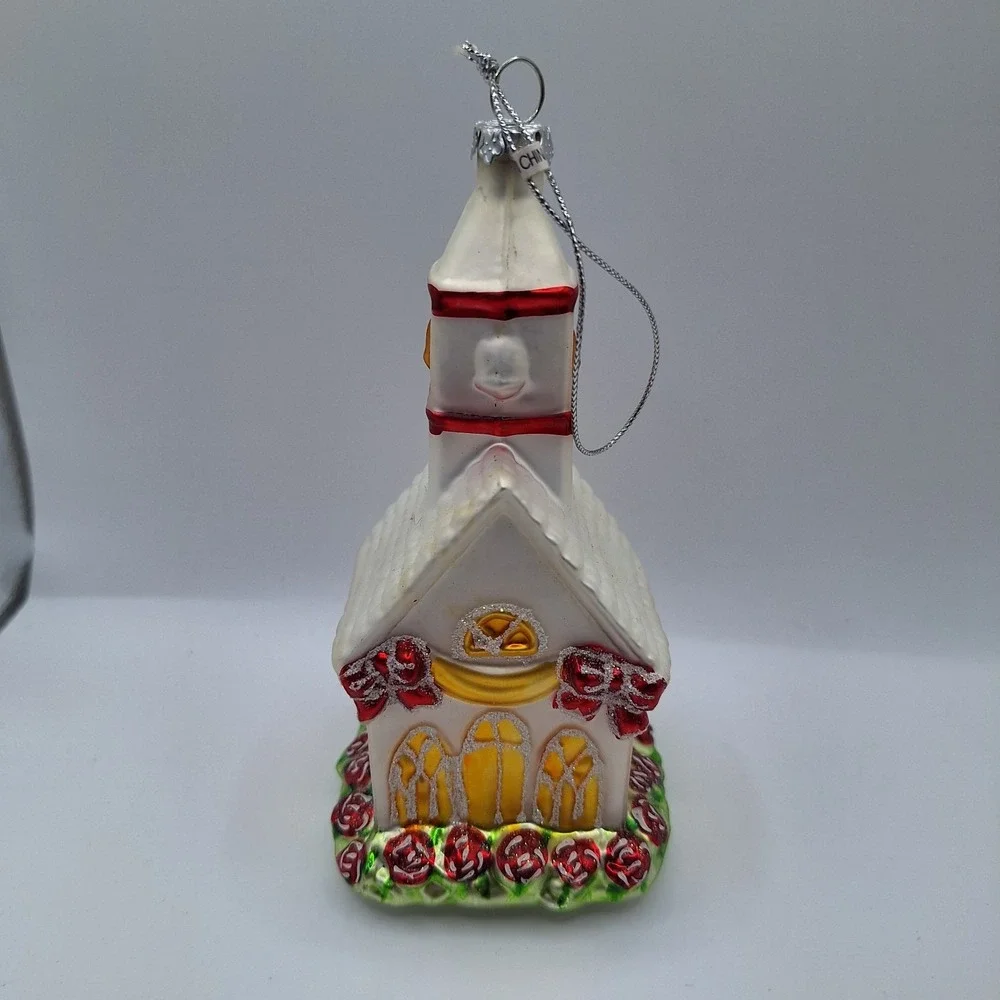 Church Blown Glass Ornament Beautiful Shape Rose Bushes Steeple & Windows